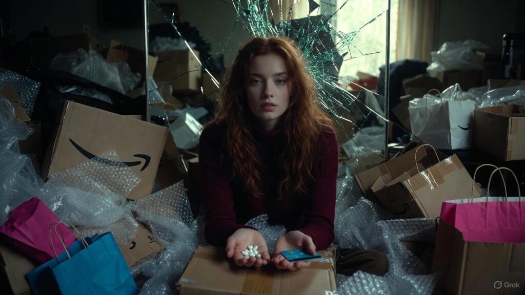 AI-generated image of a woman holding pills and a credit card amidst a pile of boxes and bubble wrap