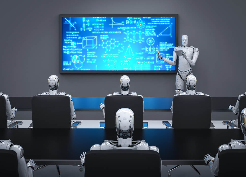 3d rendering cyborg teaching in classroom or training room