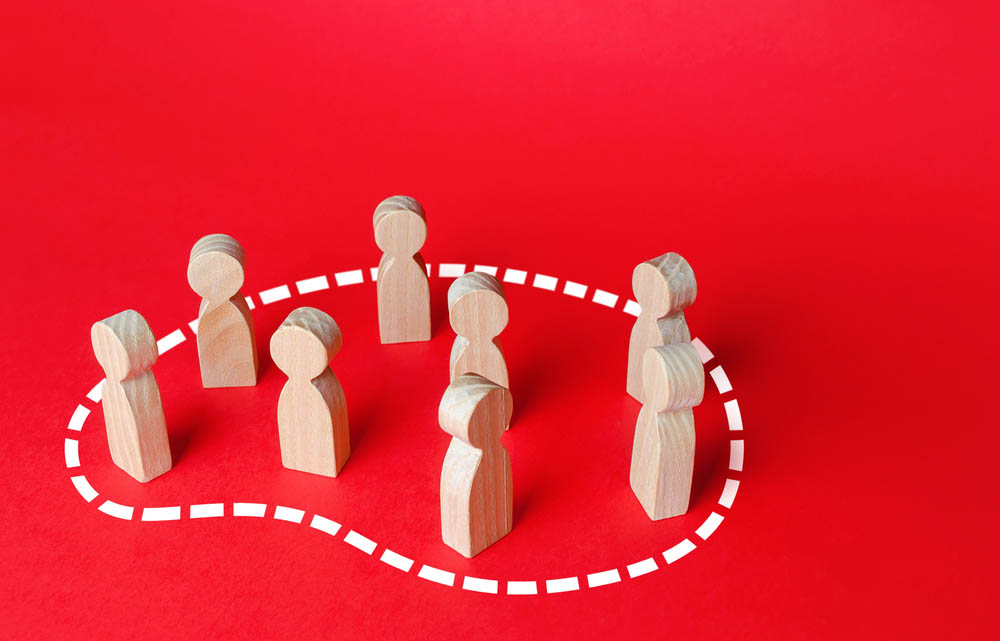 A group of people is circled in dotted line. Grouping people, teaming up. Society and community concept. Target audience, marketing and segmentation. Association, organization. Consolidation