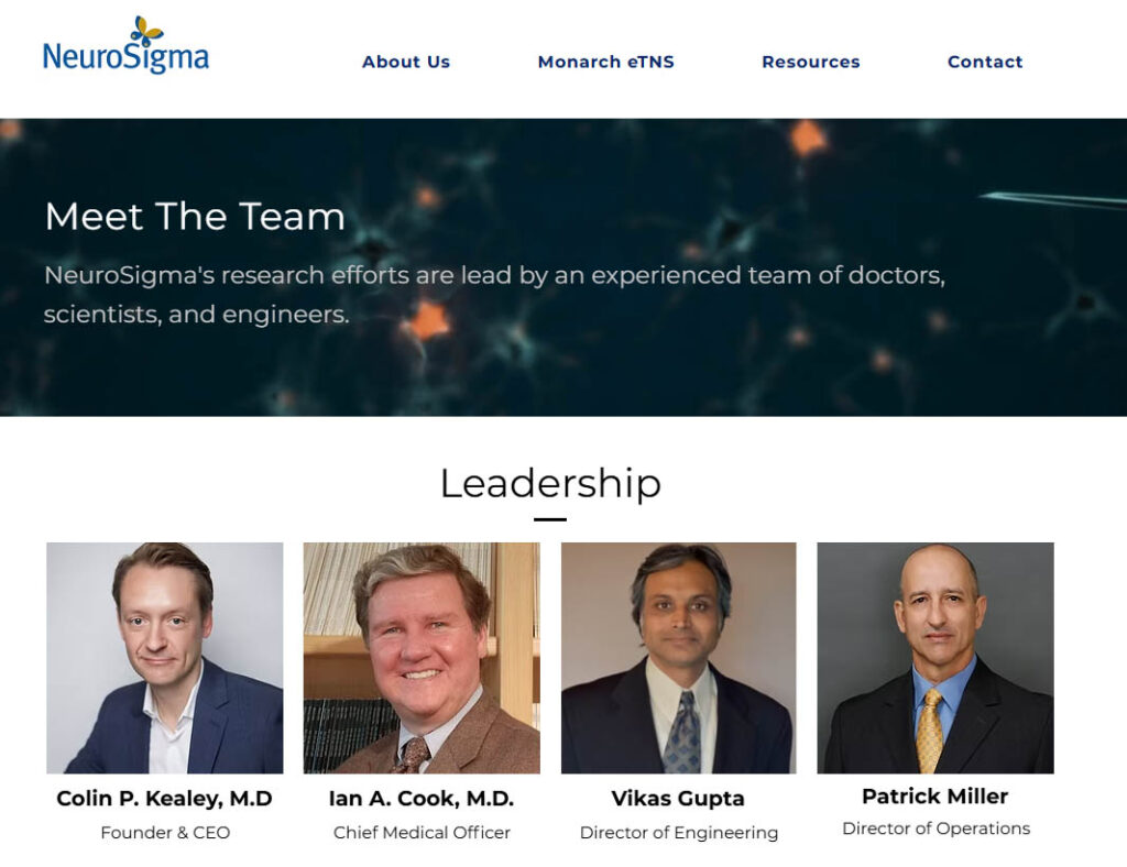 NeuroSigma's website showing Ian Cook as Chief Medical Officer