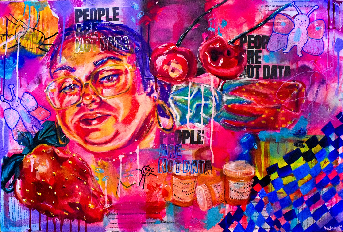 A bright, colorful painting of a person's face, pill bottles, fruit, butterflies, and the words "PEOPLE ARE NOT DATA"