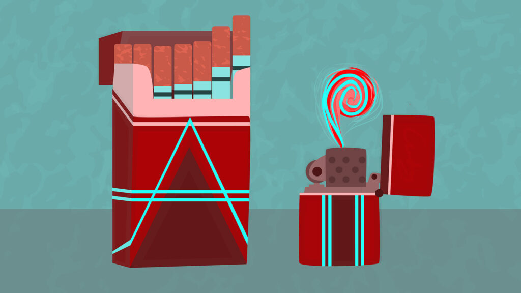 Illustration of a box of cigarettes and a lighter that spell out "AI"