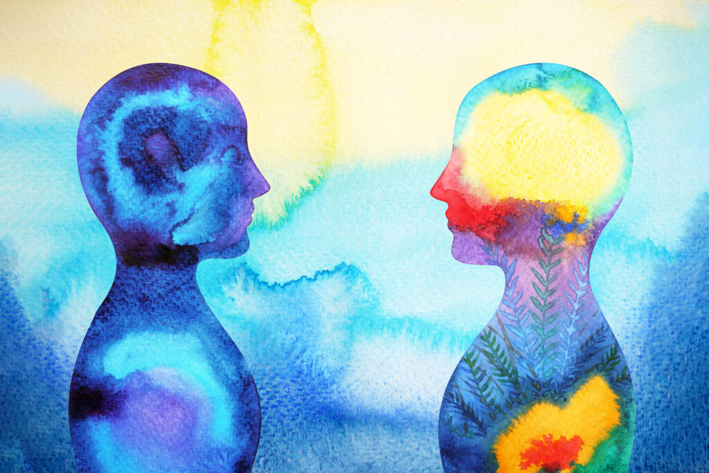 watercolor painting, two abstract people in conversation