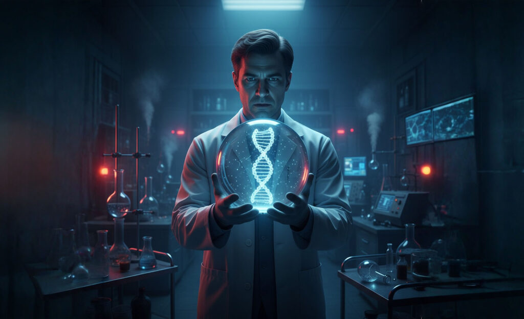 In a dark laboratory, a doctor holds a crystal ball showing a dna helix