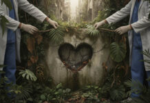 What’s Been Lost in Medicine Is Shameful in Psychiatry: Reflections on Bernard Lown Two doctors pull away the leaves from a ruined wall that shows a heart shaped cavity