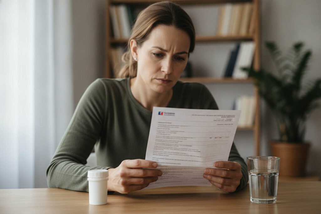 A woman reads the instructions for her pills