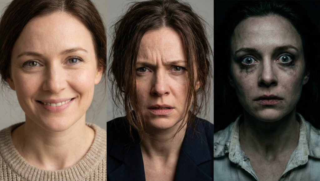 A series showing a woman's face as she transforms