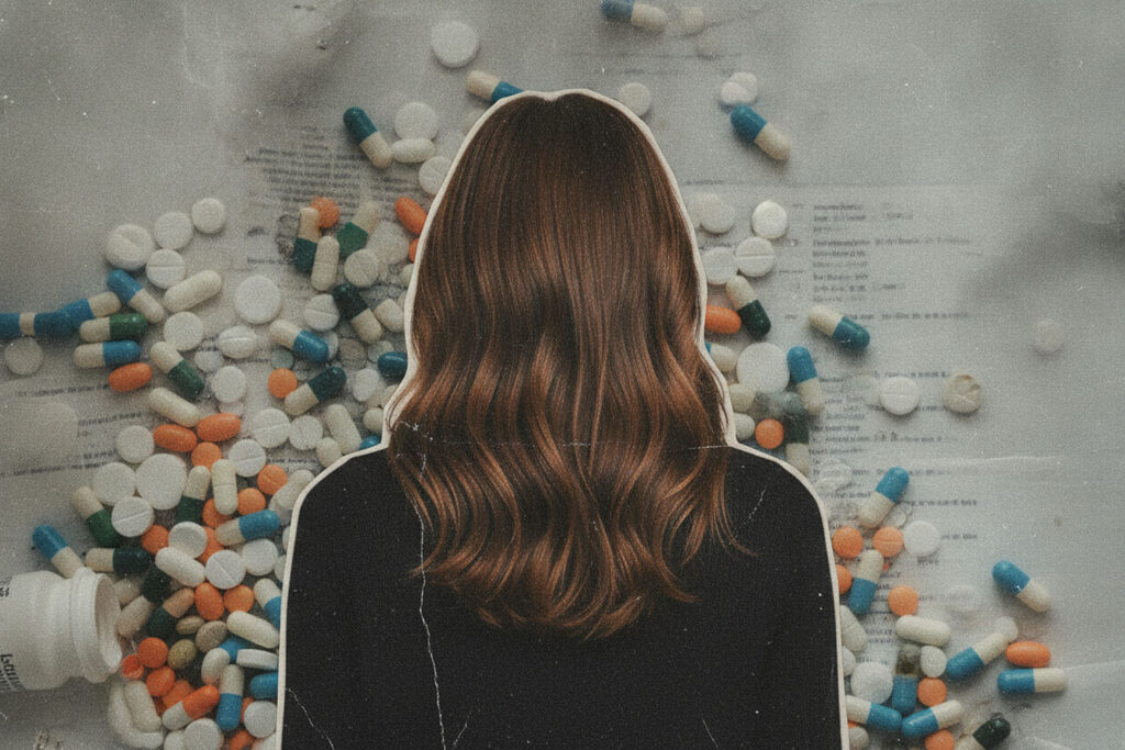 Brown-haired woman from the back, collaged onto photo of pills