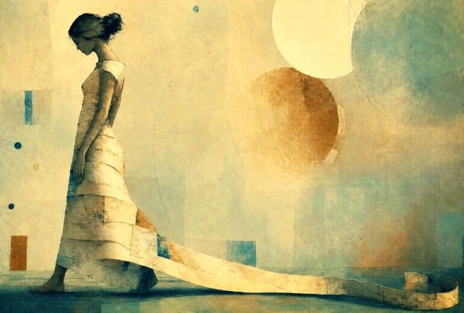 A painting of a young woman wearing a paper dress that is unraveling behind her as she walks forward.