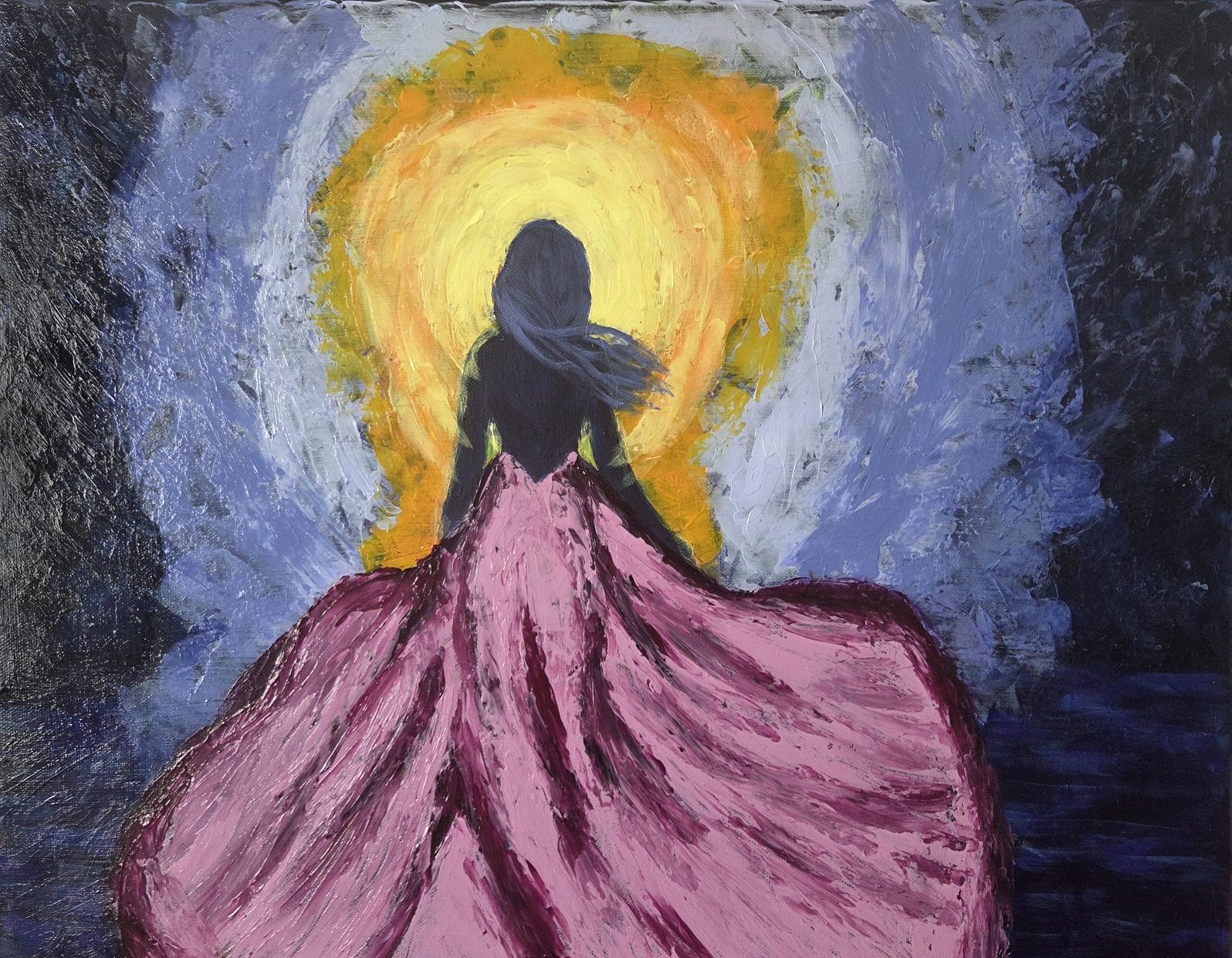 A painting of a woman with a long flowing pink skirt moving toward warm yellow light with blue shadows around it.