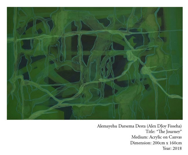 A painting of green swirls and tendrils on a black background.