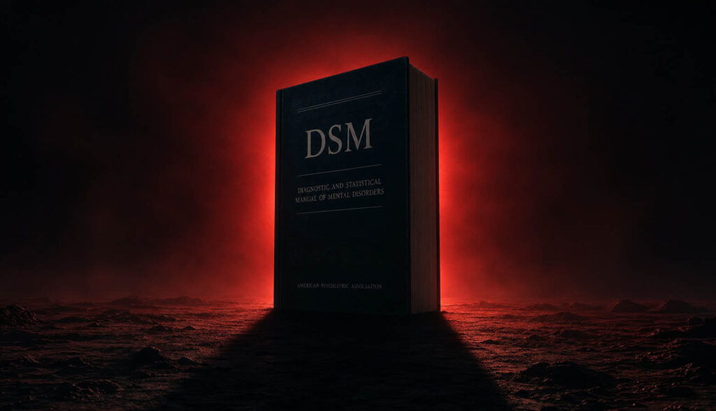a thick textbook labeled "DSM" stands like the monolith from 2001, blocking a red glow from behind and casting a deep shadow